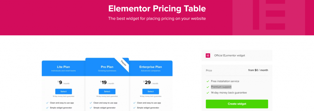 Elementor Pricing Table