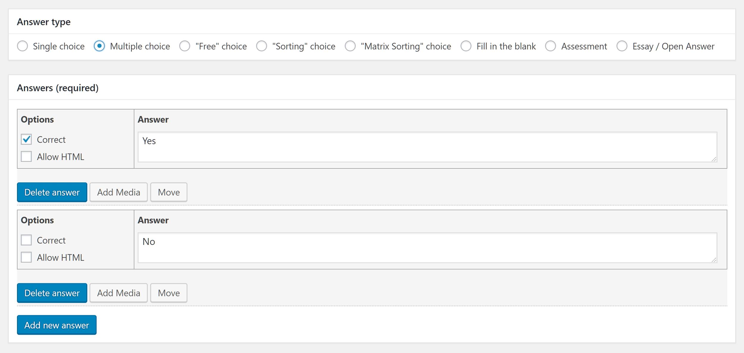 Add answer. Single_choice. Answer/inline/choice/Single. Single choice question. Multiple choice.