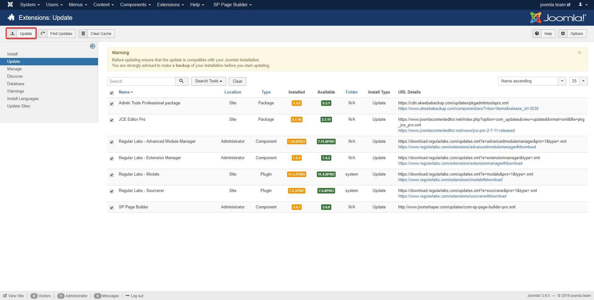 updating extensions updates