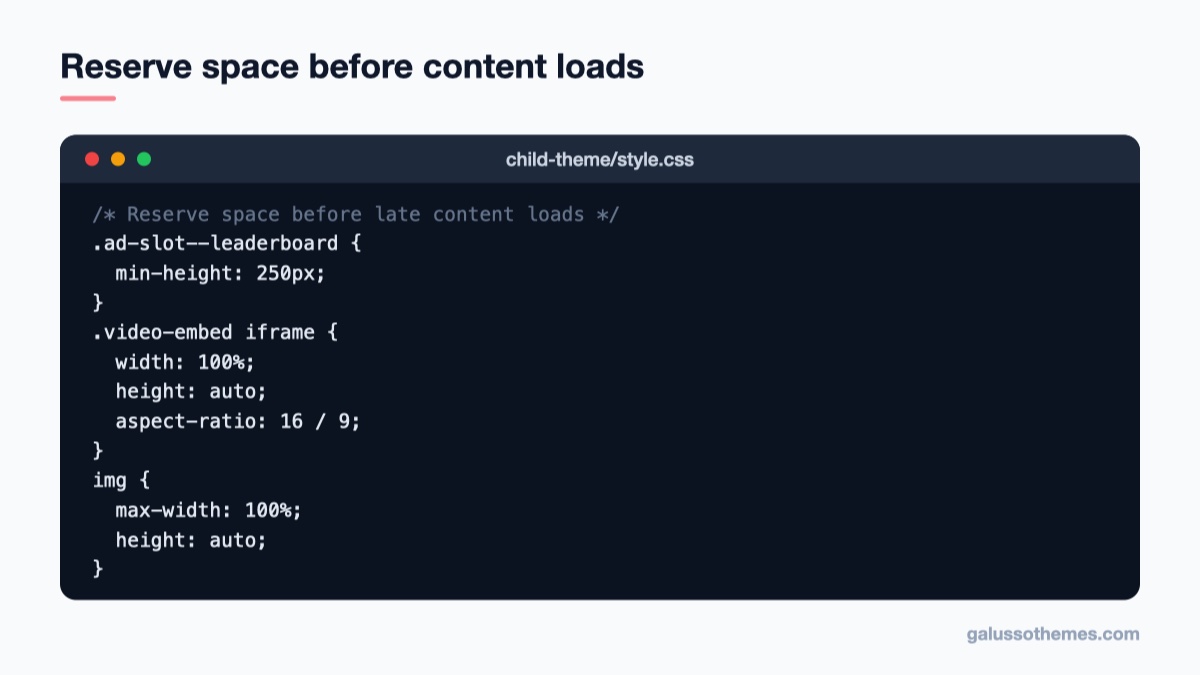 CSS code that reserves space for ads, video embeds and images