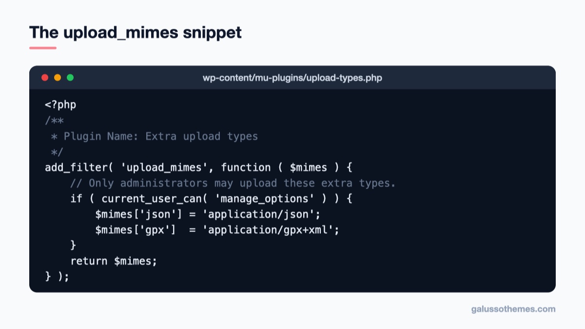 PHP code using the upload_mimes filter to allow JSON and GPX uploads