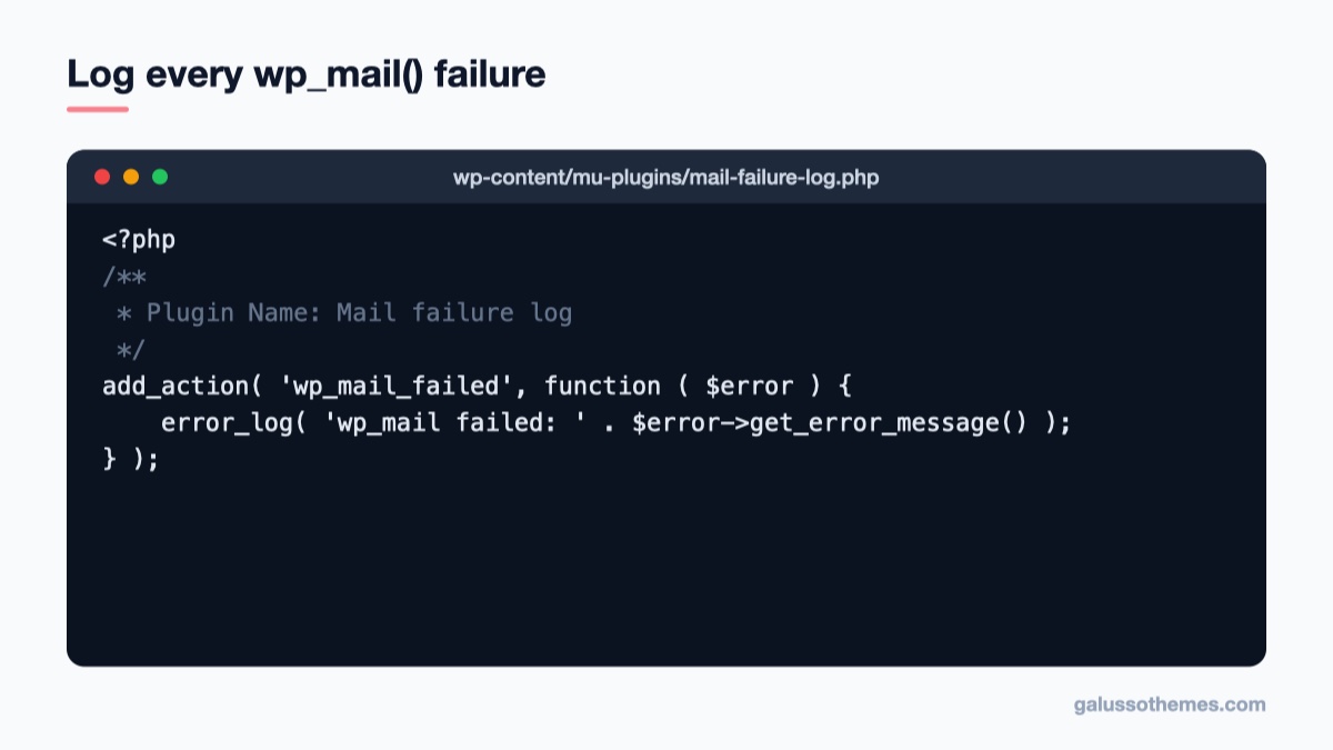 WooCommerce Not Sending Emails? How to Find and Fix It 8 PHP code for a must-use plugin that logs wp_mail_failed errors to the WordPress debug log