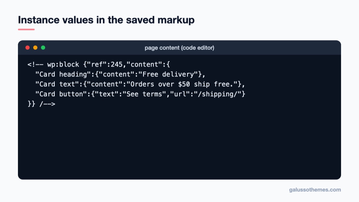Block markup of a synced pattern instance with override content